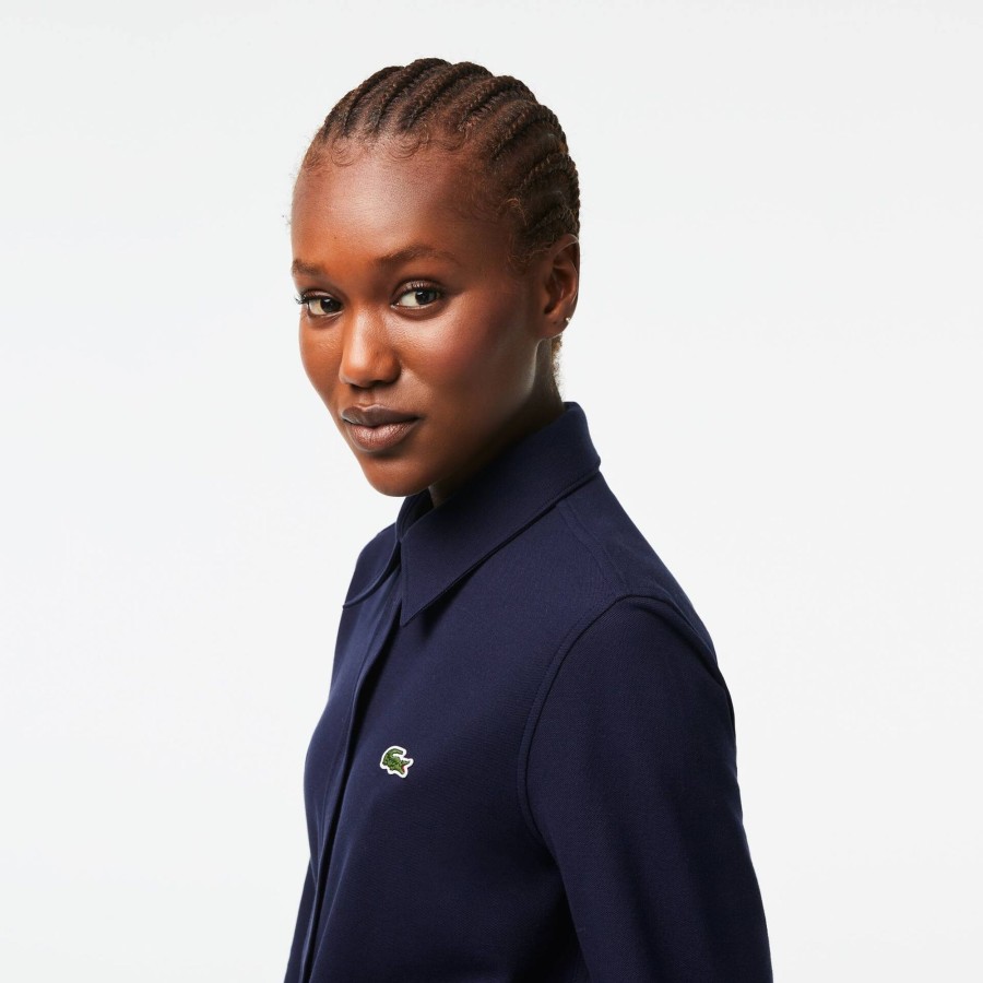 Women Lacoste Shirts & Tops | Women'S Lacoste French Collar Cotton Pique Shirt Navy Blue 166