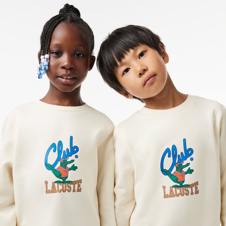 Kids Lacoste Girl Clothing | Contrast Signature Print Sweatshirt Ecru White Xfj