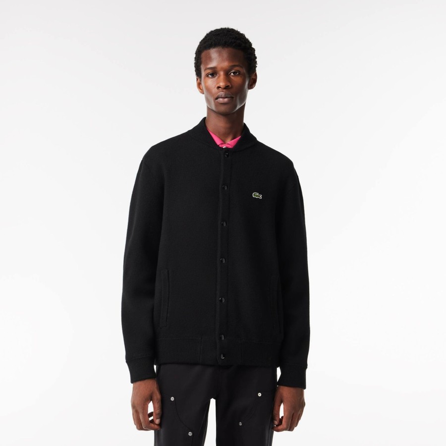 Men Lacoste Knitwear | Bomber Style Wool Sweater Black