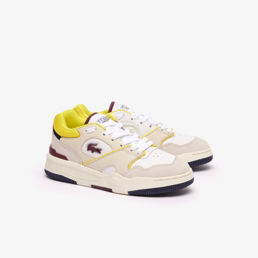 Women Lacoste Sneakers | Men'S Lineset Contrasted Collar Leather Trainers White & Yellow V05