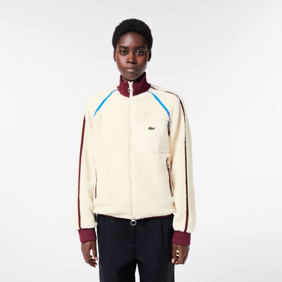 Women Lacoste Jackets & Coats | Contrast Accent Fleece Sweatshirt White / Bordeaux / White / Blue / Navy Blue Ppi