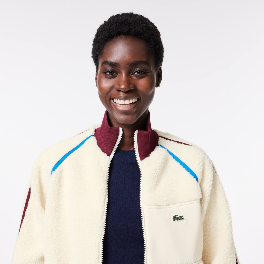 Women Lacoste Jackets & Coats | Contrast Accent Fleece Sweatshirt White / Bordeaux / White / Blue / Navy Blue Ppi