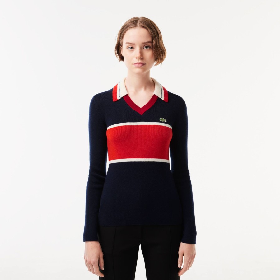 Women Lacoste Knitwear | French Made Contrast Polo Neck Sweater Navy Blue / Orange / White Npi