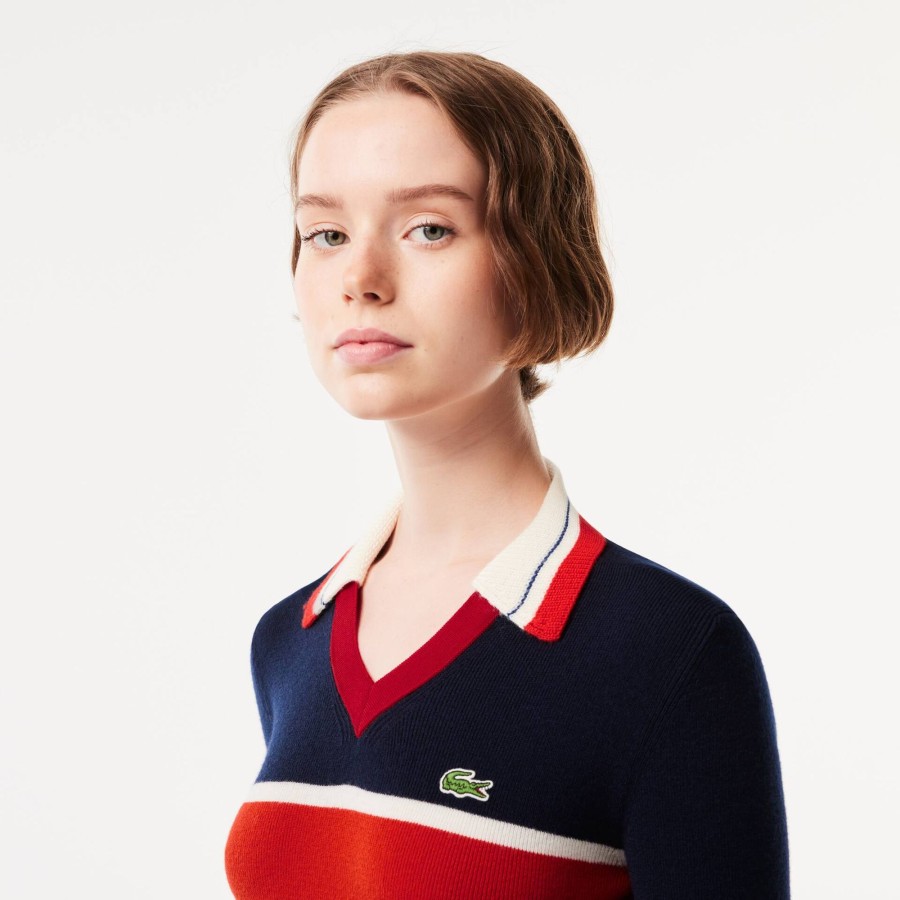 Women Lacoste Knitwear | French Made Contrast Polo Neck Sweater Navy Blue / Orange / White Npi