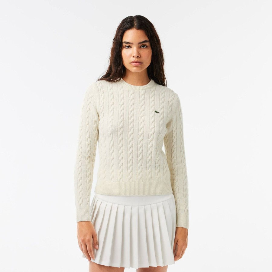 Women Lacoste Knitwear | Wool And Cotton Blend Cable Knit Sweater White Nyv