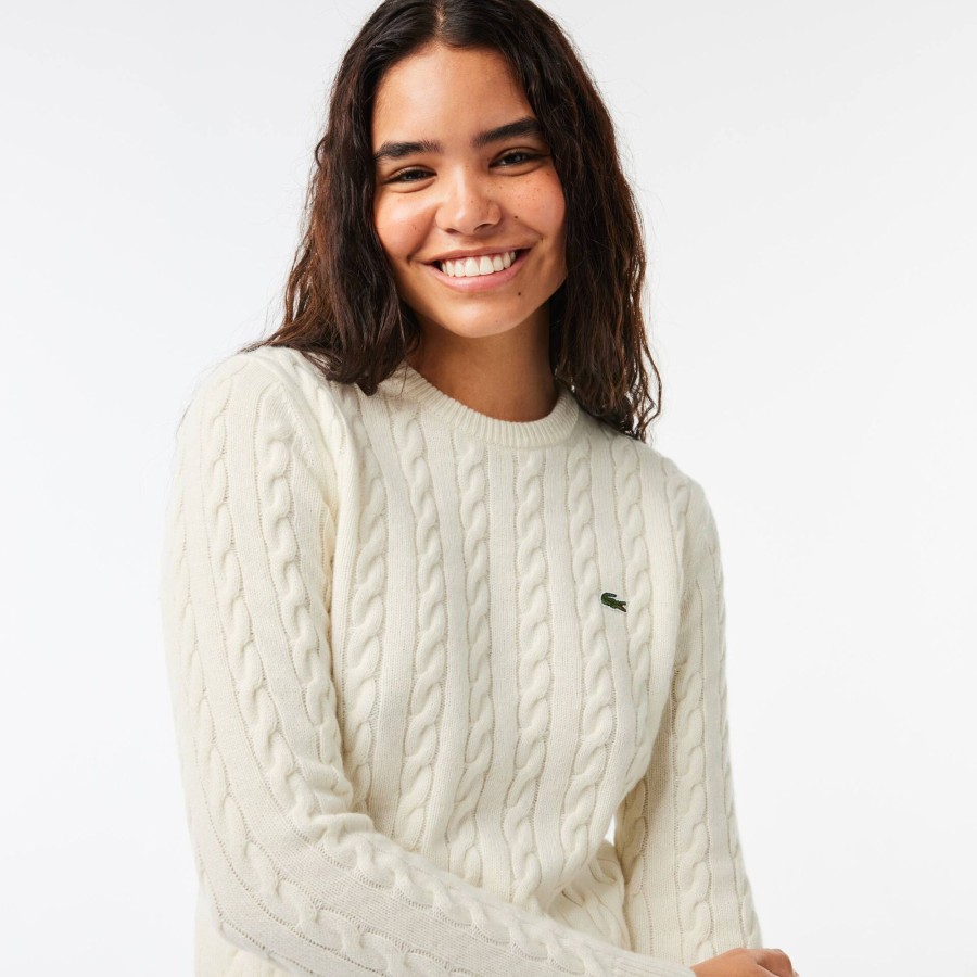 Women Lacoste Knitwear | Wool And Cotton Blend Cable Knit Sweater White Nyv