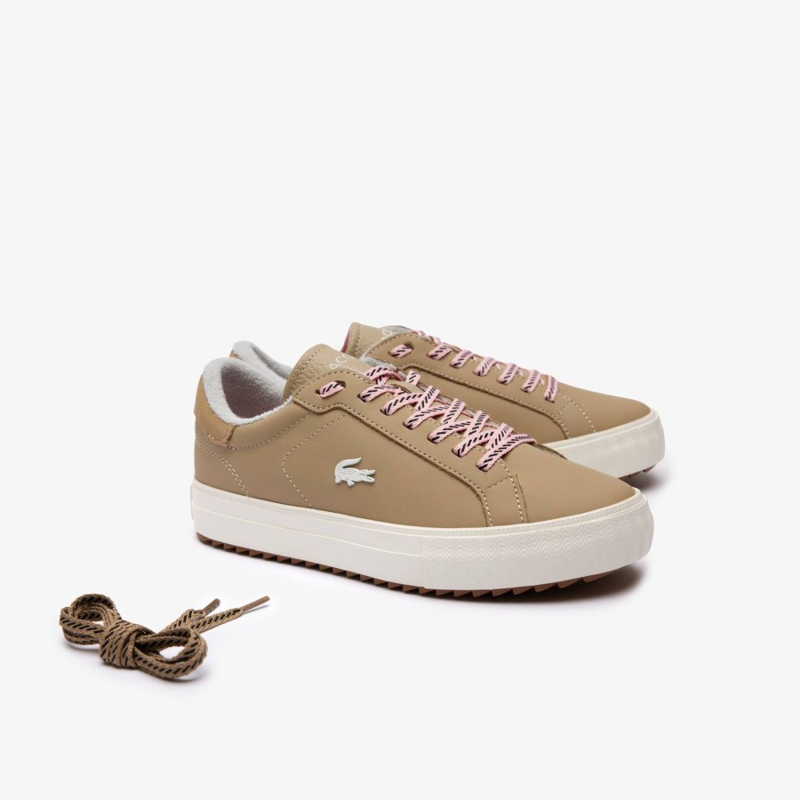 Women Lacoste Outdoor | Women'S Powercourt Winter Leather Outdoor Trainers Light Brown / White Bw7