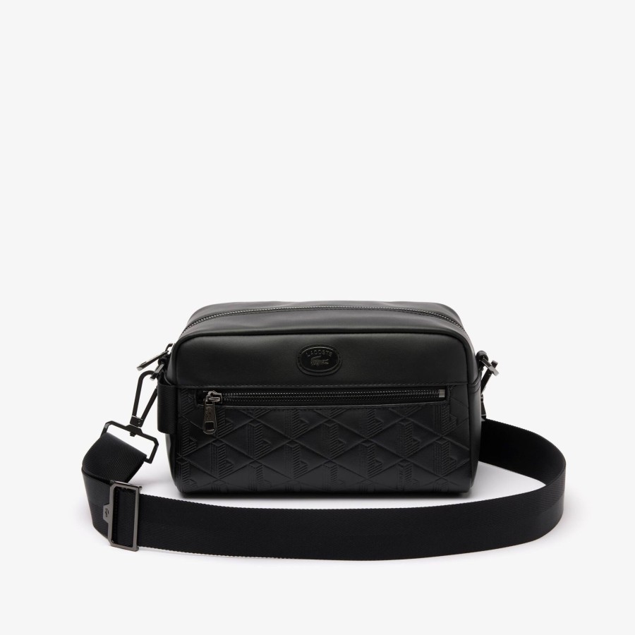 Men Lacoste Vertical Bags | Leather Monogram Print Pouch Purse Noir