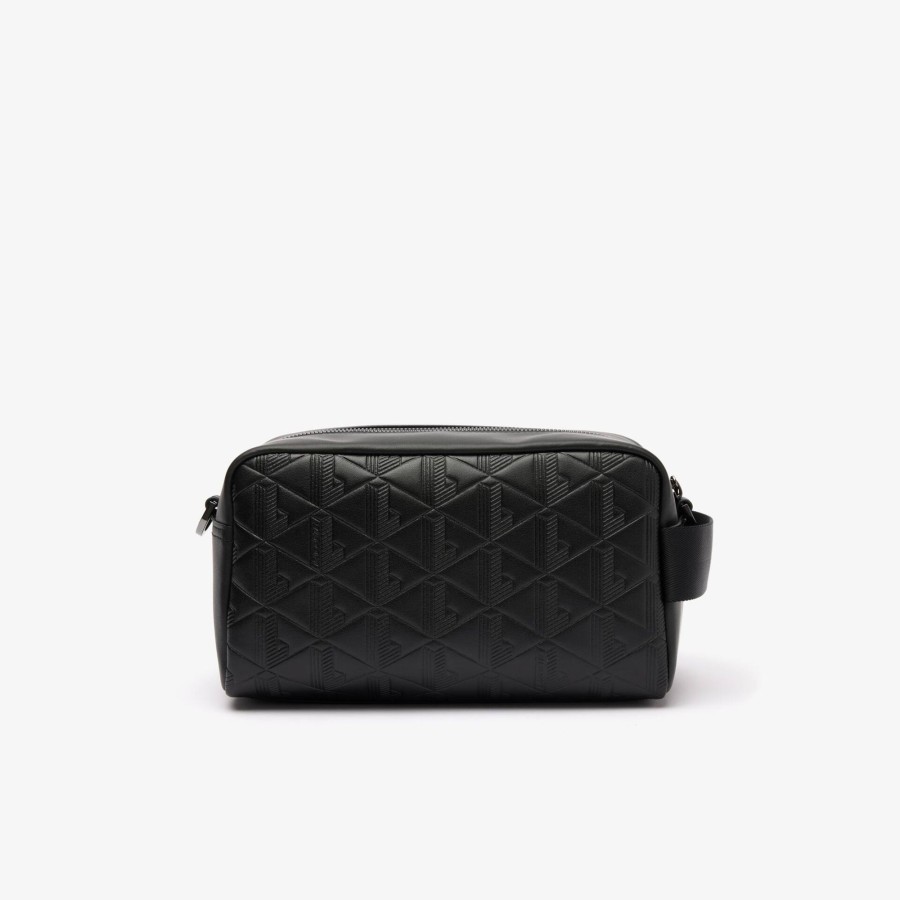 Men Lacoste Vertical Bags | Leather Monogram Print Pouch Purse Noir