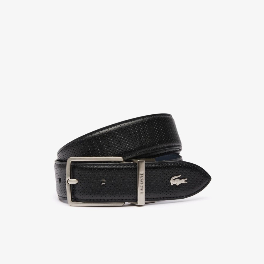 Men Lacoste Belts | Men'S Lacoste Engraved Buckle Reversible Pique Leather Belt Noir Marine