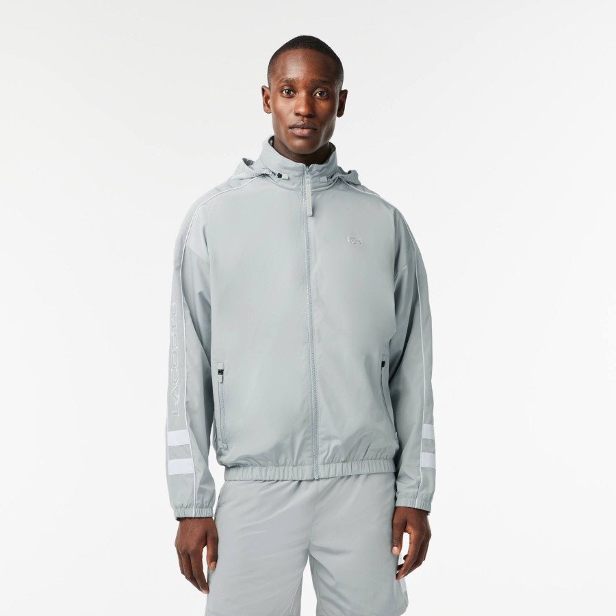 Men Lacoste Jackets & Coats | Contrast Detail Water Resistant Zipped Taffeta Sportsuit Jacket Grey / White