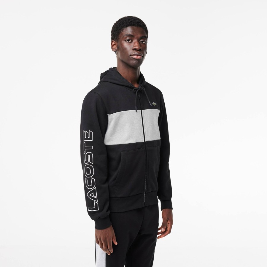 Men Lacoste Sweatshirts | Zipped Colourblock Jogger Hoodie Black / Grey Chine