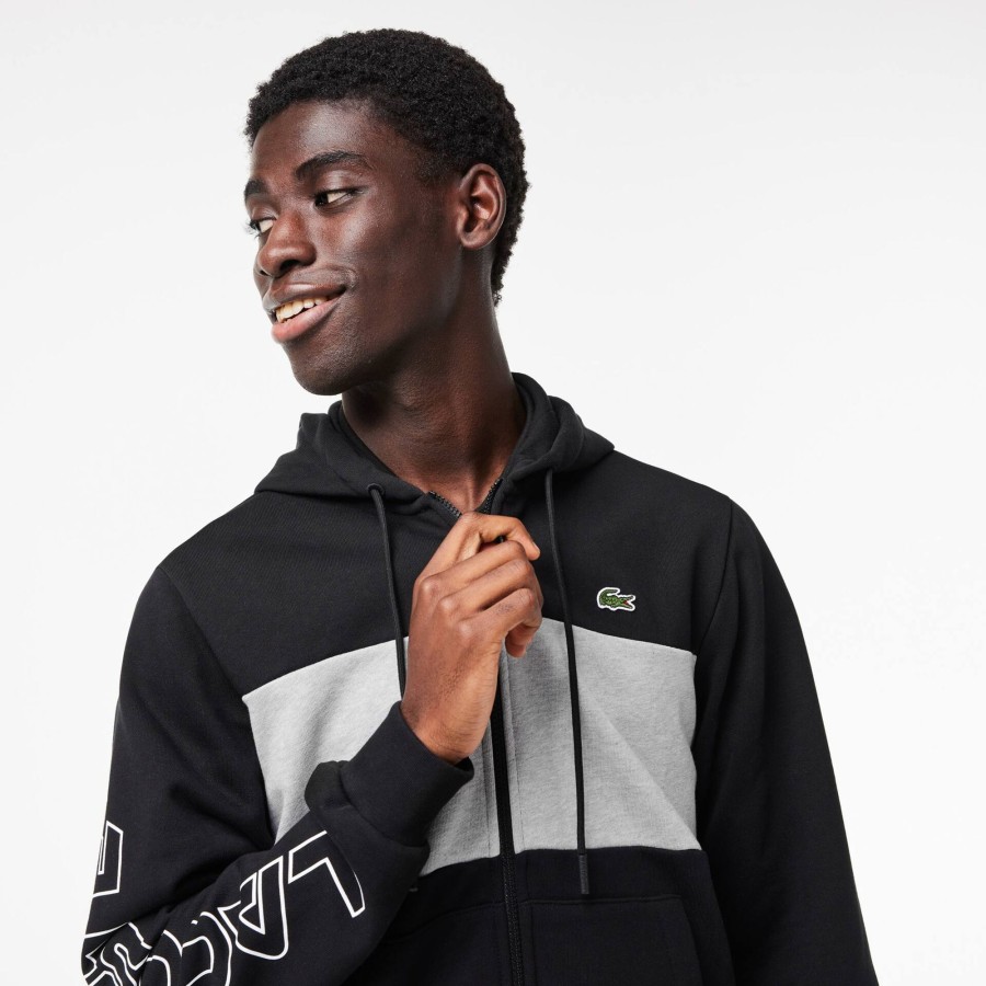 Men Lacoste Sweatshirts | Zipped Colourblock Jogger Hoodie Black / Grey Chine