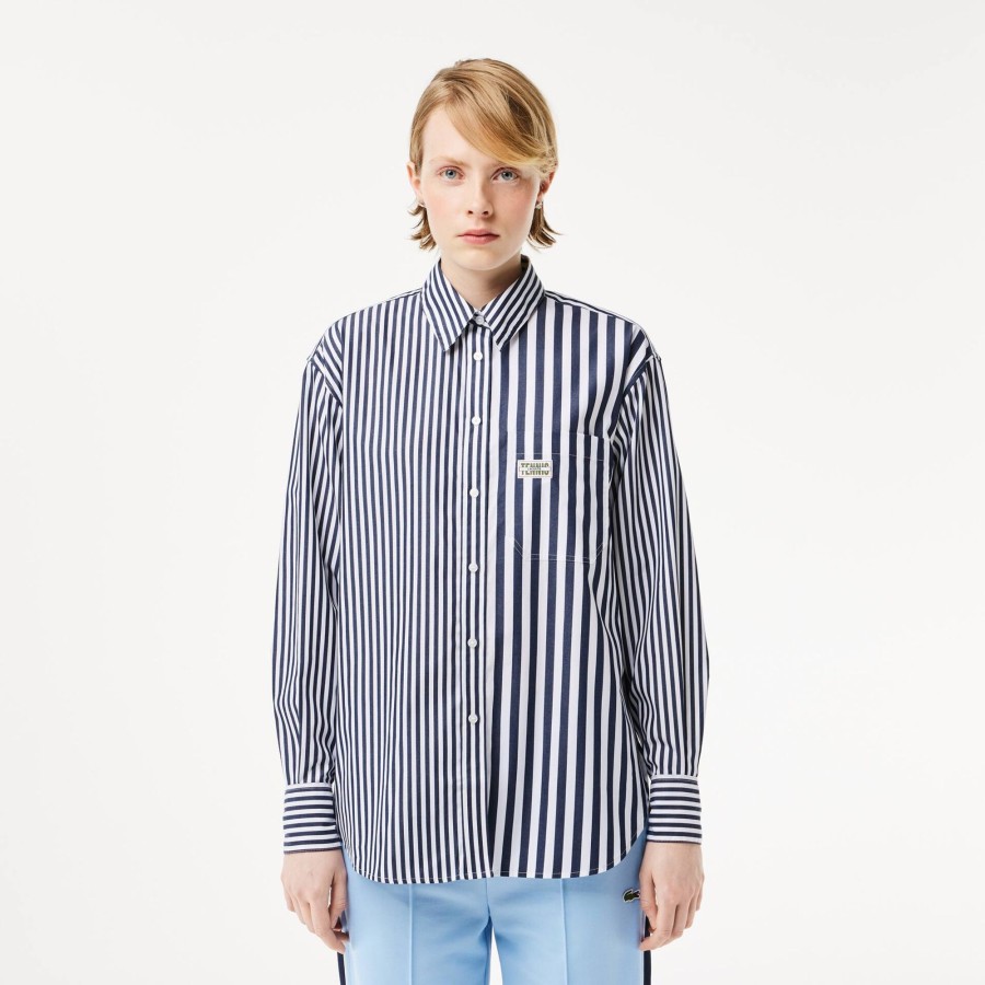 Women Lacoste Shirts & Tops | Striped Cotton Poplin Shirt Navy Blue / White 525