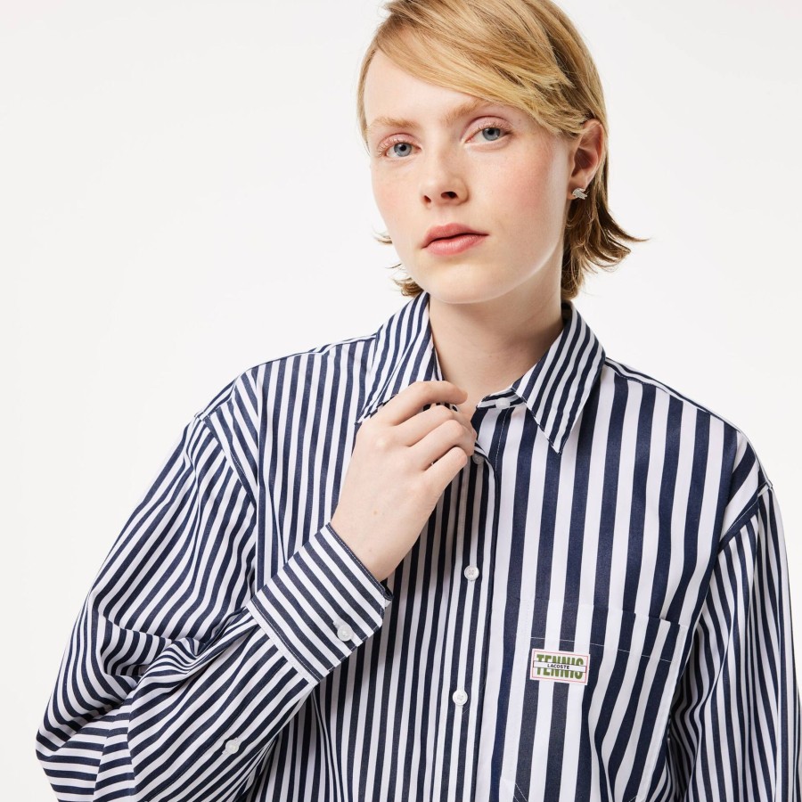 Women Lacoste Shirts & Tops | Striped Cotton Poplin Shirt Navy Blue / White 525