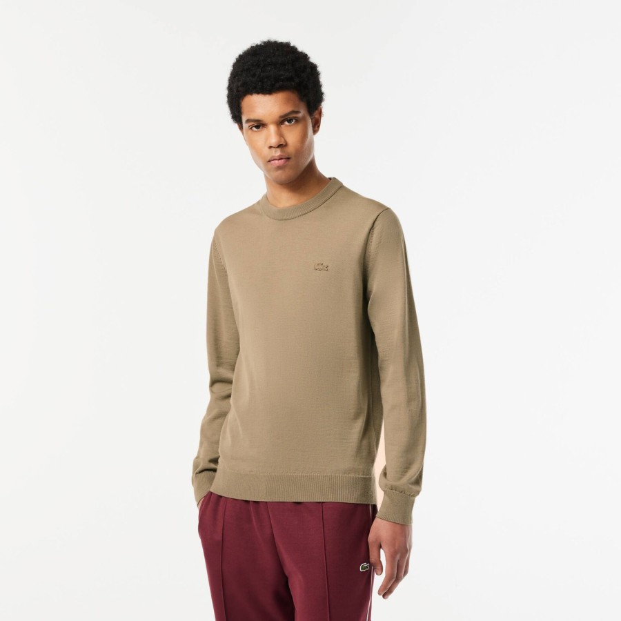 Men Lacoste Knitwear | Men'S Crew Neck Merino Wool Sweater Beige