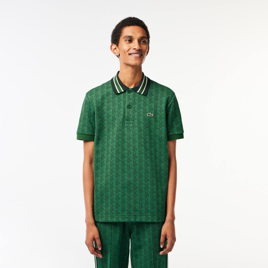 Men Lacoste Polo Shirts | Classic Fit Contrast Collar Monogram Motif Polo Shirt Green