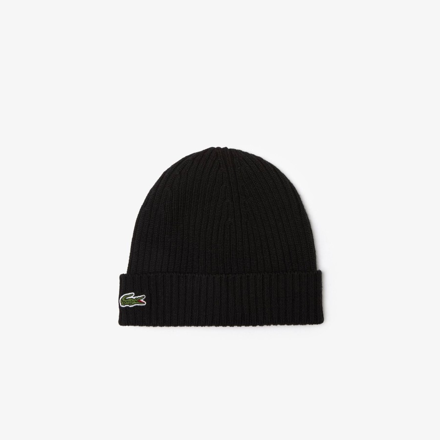 Women Lacoste Beanies | Unisex Lacoste Ribbed Wool Beanie Black 031