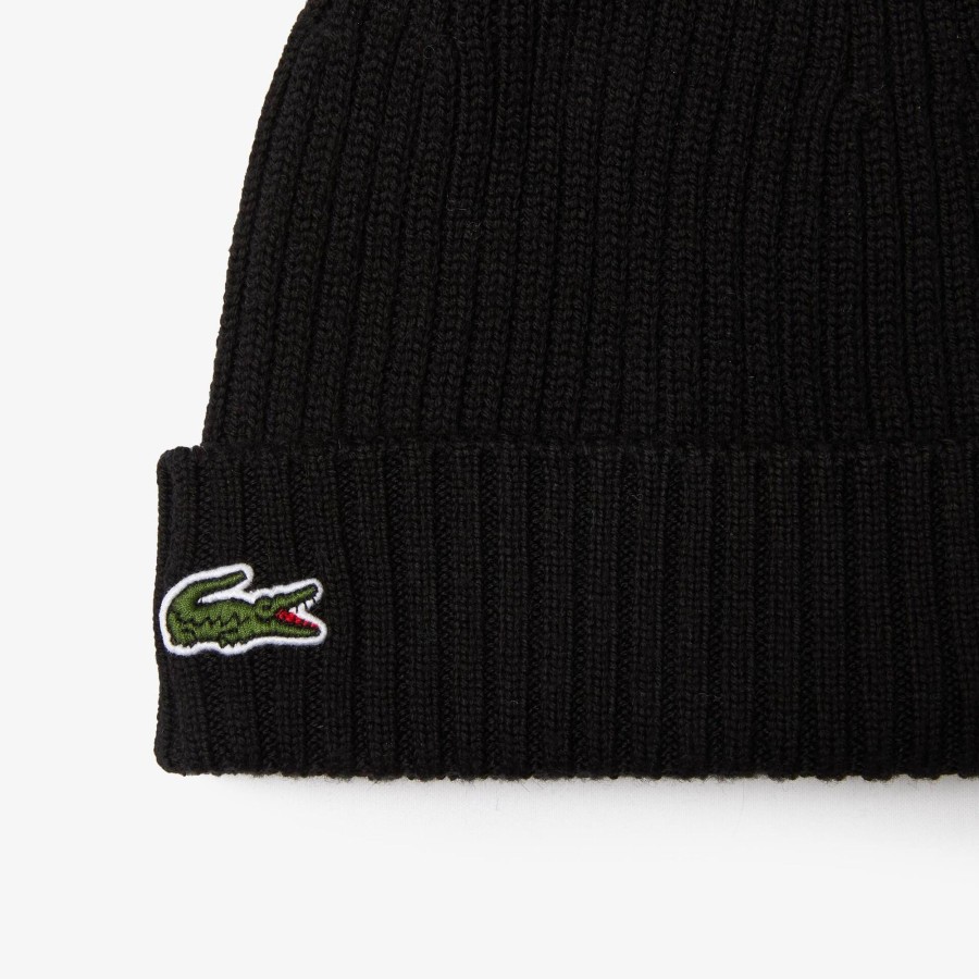 Women Lacoste Beanies | Unisex Lacoste Ribbed Wool Beanie Black 031