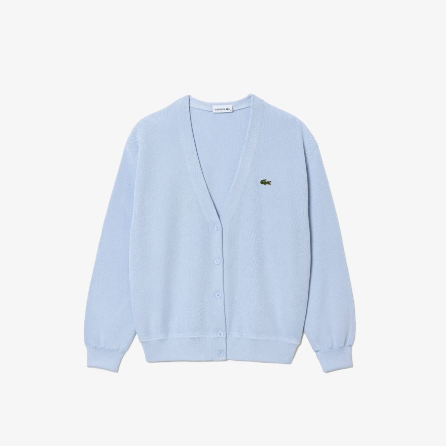 Women Lacoste Knitwear | Women'S Organic Cotton V-Neck Lacoste Cardigan Light Blue J2G