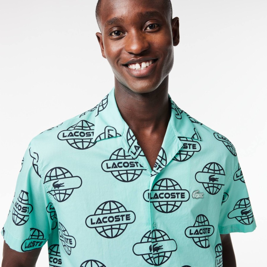 Men Lacoste Shirts | Globe Print Lacoste Cotton Twill Shirt Light Green / Black