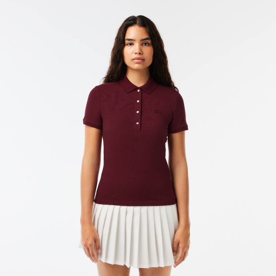 Women Lacoste Polo Shirts | Women'S Lacoste Slim Fit Stretch Cotton Pique Polo Shirt Bordeaux Yup