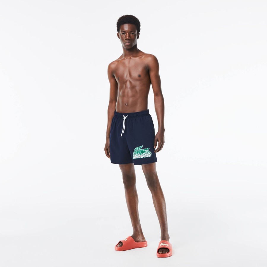 Men Lacoste Swimwear | Men'S Lacoste Quick Dry Swim Trunks With Travel Bag Navy Blue