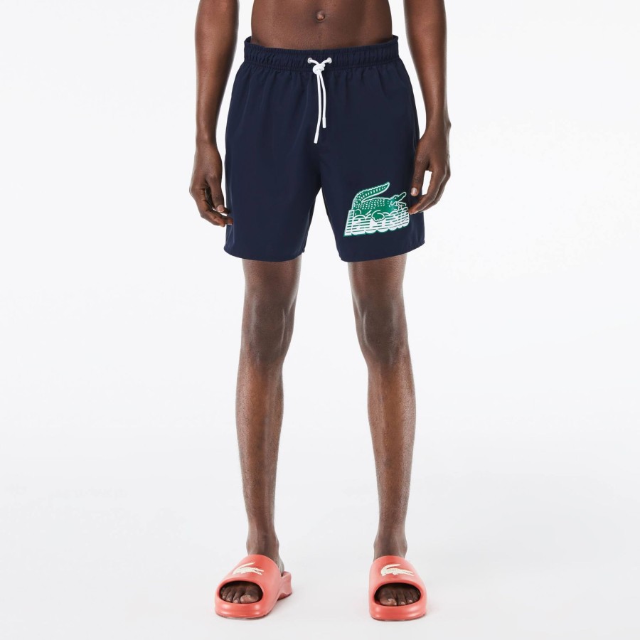 Men Lacoste Swimwear | Men'S Lacoste Quick Dry Swim Trunks With Travel Bag Navy Blue