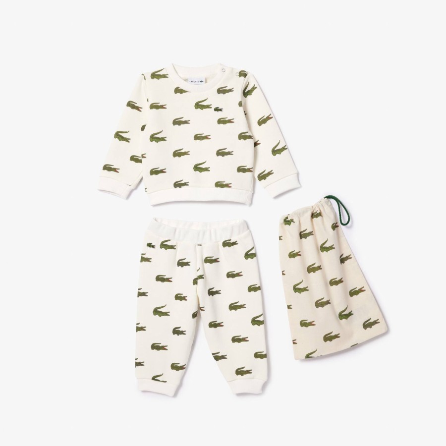 Kids Lacoste Accessories | Croc Print Cotton Pyjamas Gift Set White / Green X0N