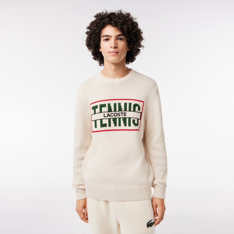 Men Lacoste Knitwear | Cotton Sweater With Contrasting Jacquard Pattern White