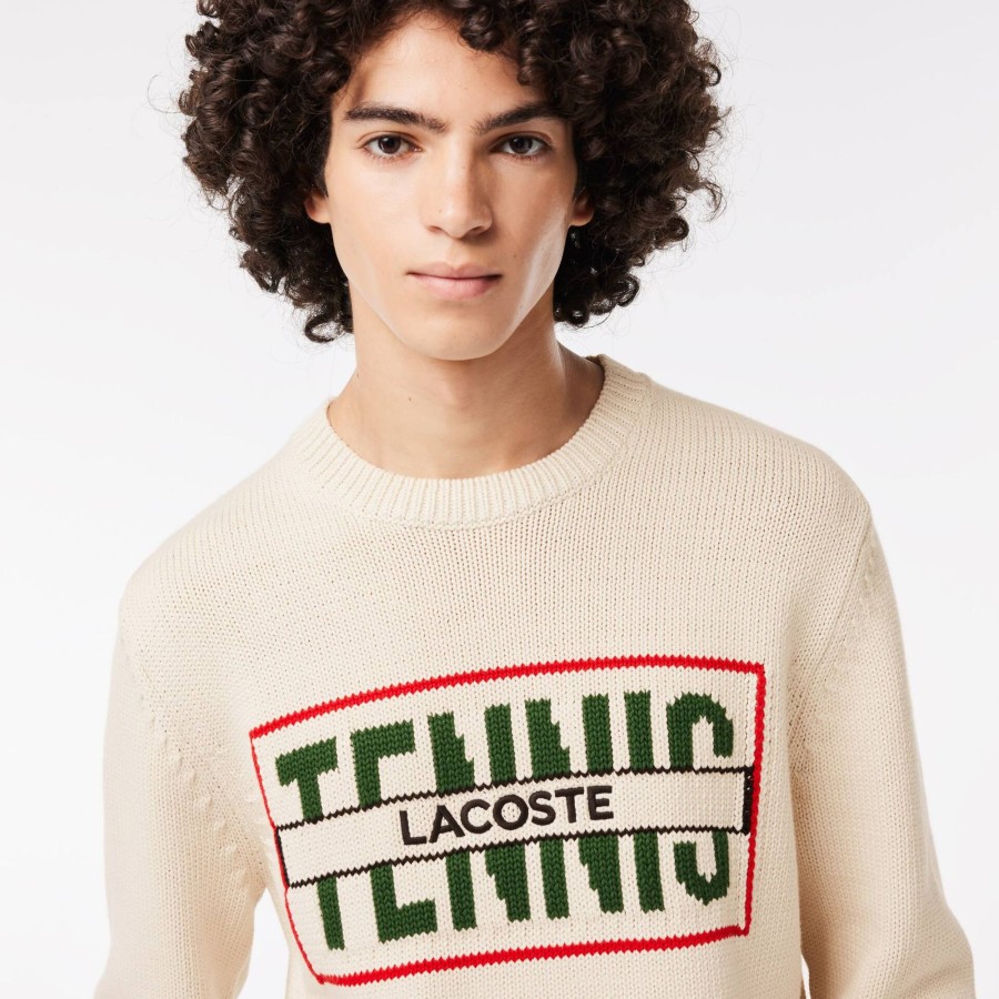 Men Lacoste Knitwear | Cotton Sweater With Contrasting Jacquard Pattern White