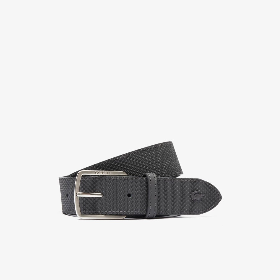 Men Lacoste Belts | Men'S Lacoste Engraved Buckle Texturised Leather Belt Eco Iron Gate