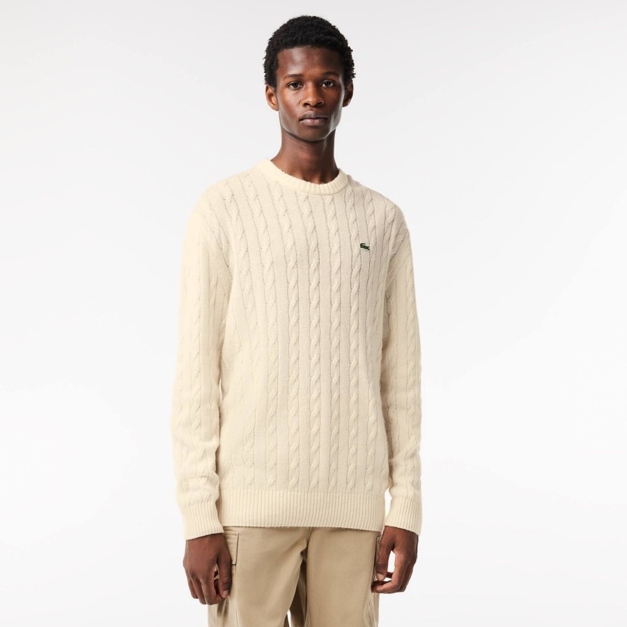 Men Lacoste Knitwear | Crew Neck With Cable Detail Ecru White