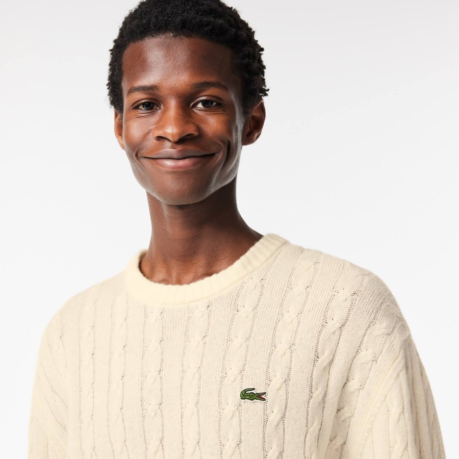 Men Lacoste Knitwear | Crew Neck With Cable Detail Ecru White