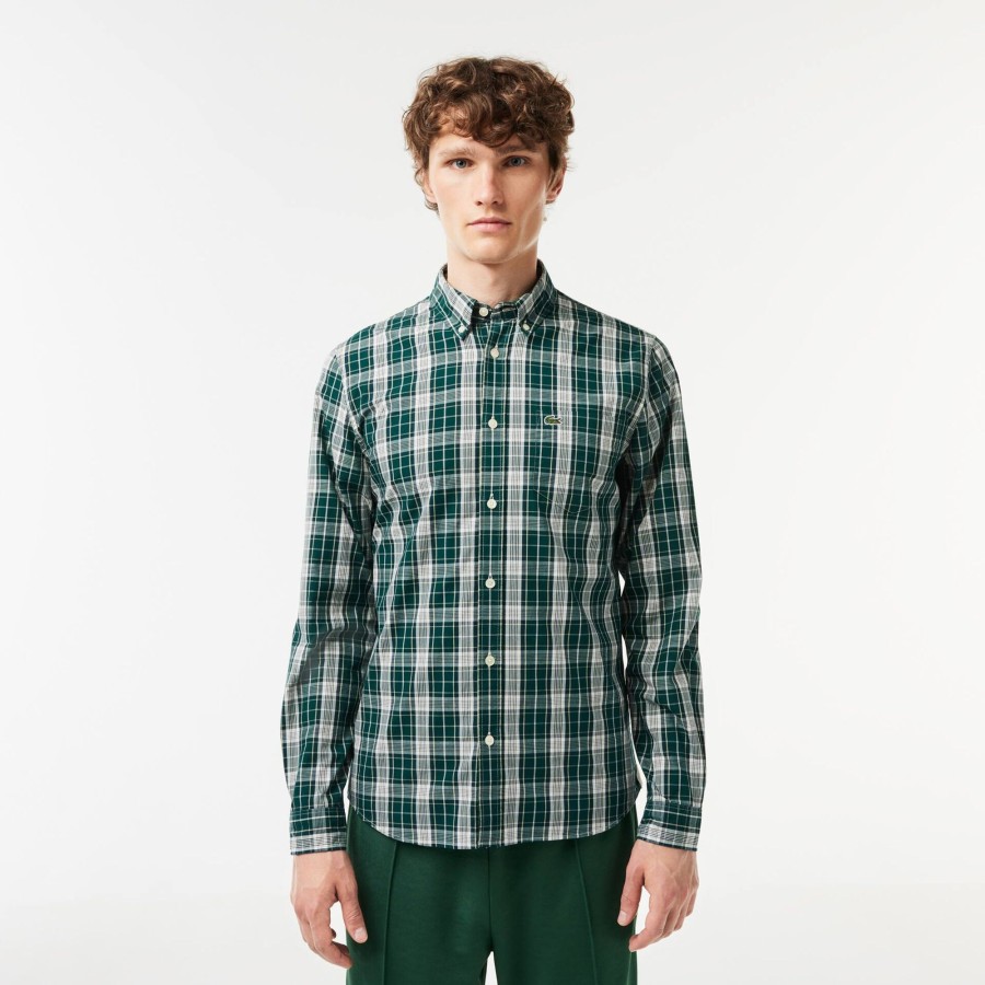 Men Lacoste Shirts | Check Print Stretch Shirt Green / Grey