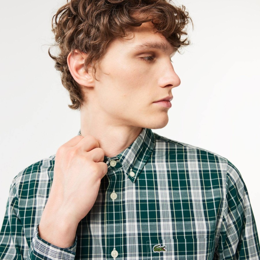 Men Lacoste Shirts | Check Print Stretch Shirt Green / Grey