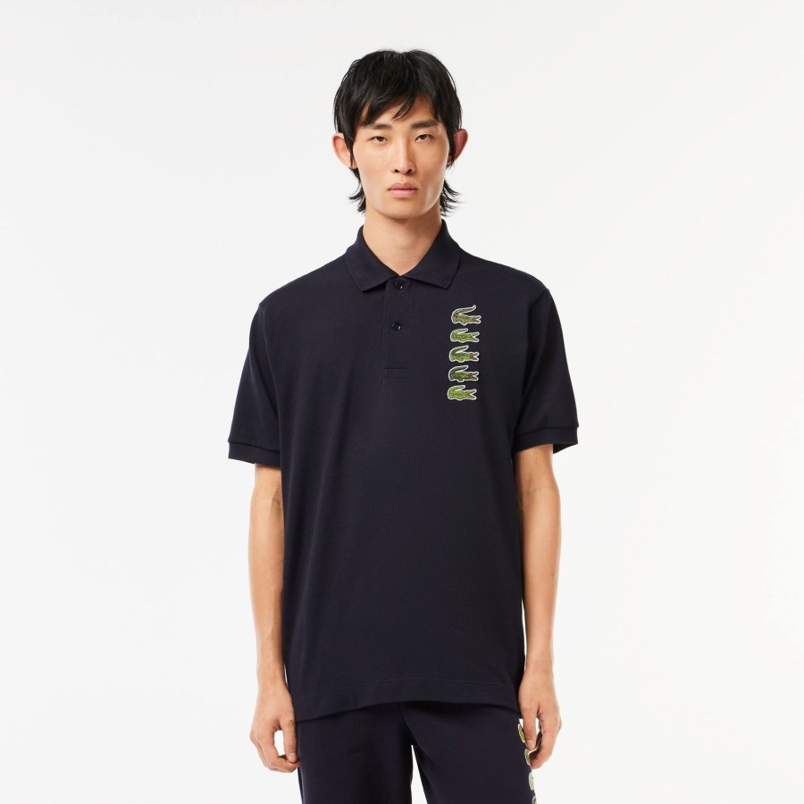 Men Lacoste Polo Shirts | Croc Badge Pique Polo Shirt Navy Blue