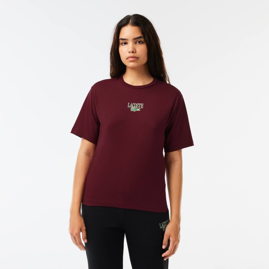 Women Lacoste T-Shirts | Lacoste Print Cotton Jersey T-Shirt Bordeaux Yup