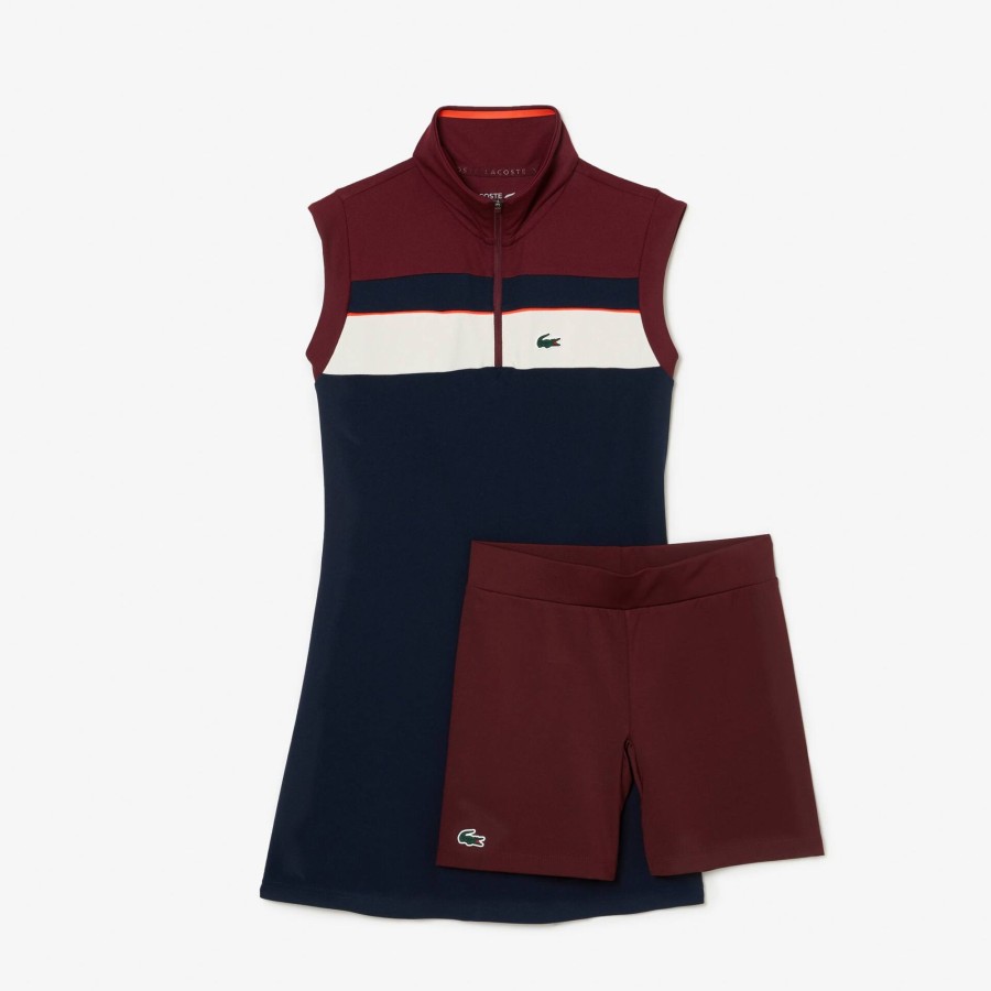 Women Lacoste Tennis | Recycled Fiber Tennis Dress With Integrated Shorts Navy Blue / Bordeaux Pi3