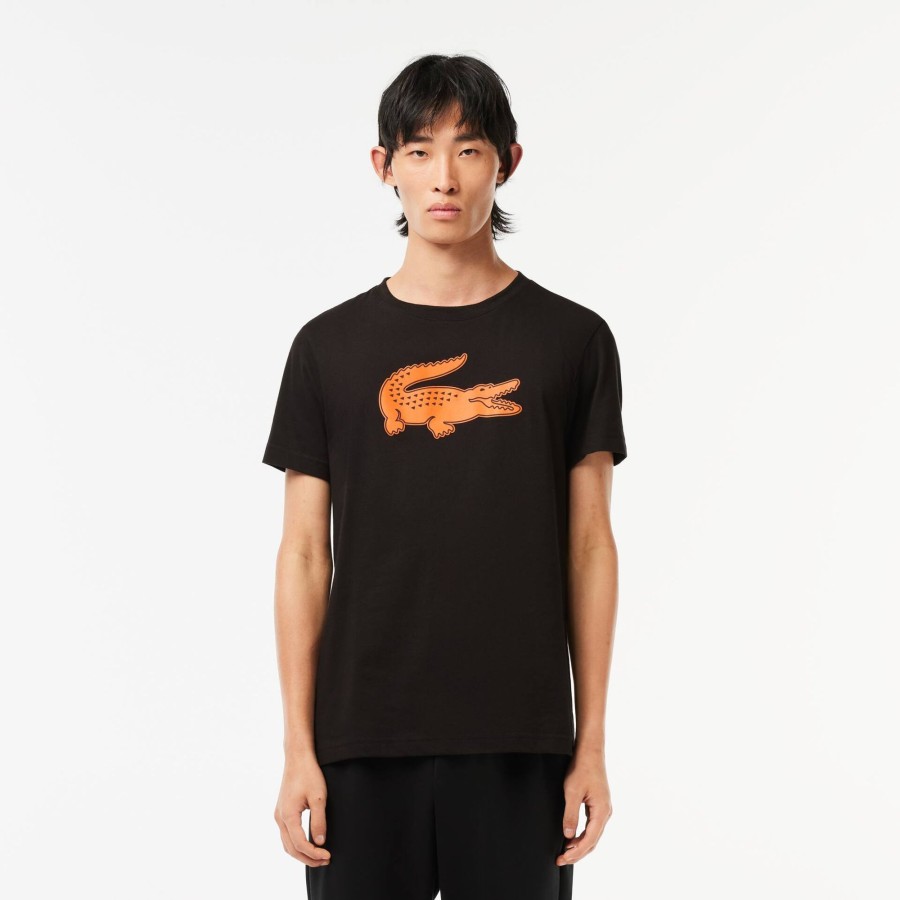 Men Lacoste Sport Clothing | Men'S Lacoste Sport 3D Print Crocodile Breathable Jersey T-Shirt Black / Orange