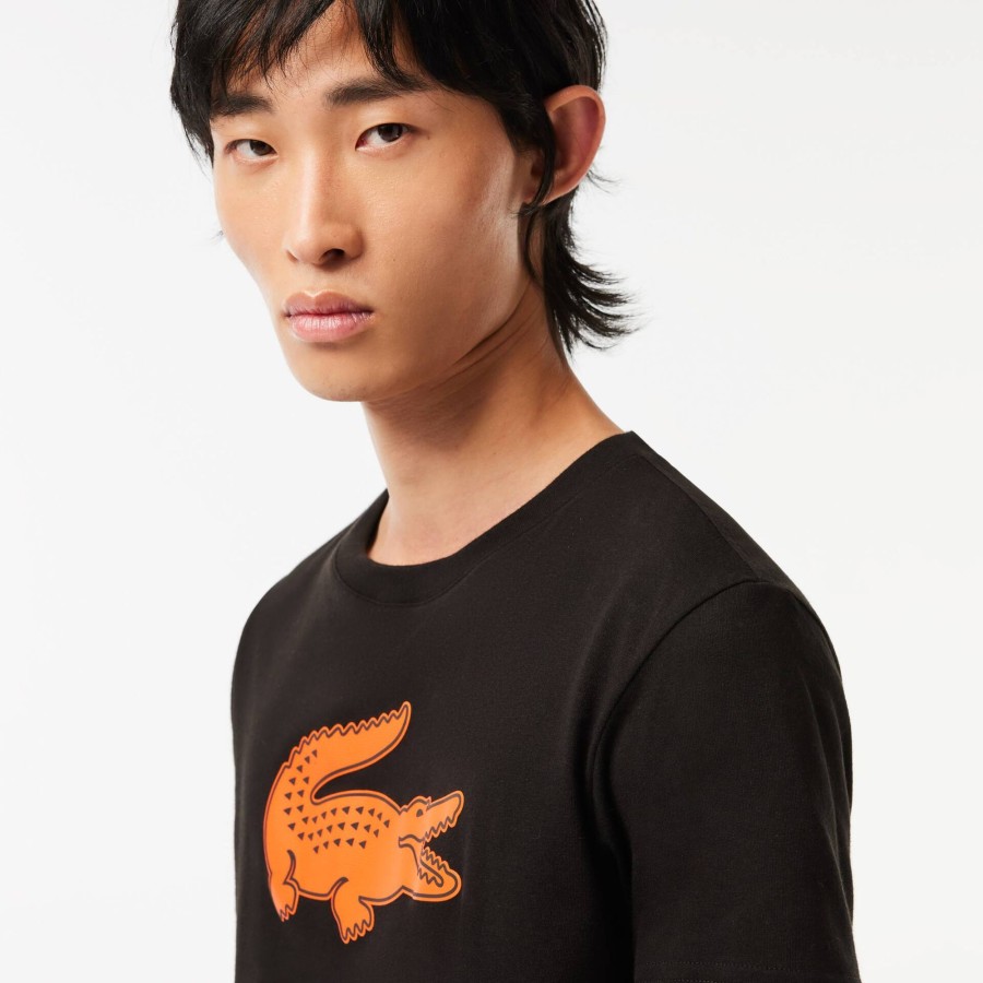 Men Lacoste Sport Clothing | Men'S Lacoste Sport 3D Print Crocodile Breathable Jersey T-Shirt Black / Orange