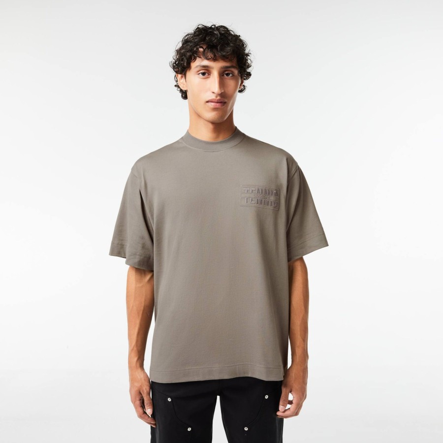 Men Lacoste T-Shirts | Embroidered Loose Fit Cotton T-Shirt Grey