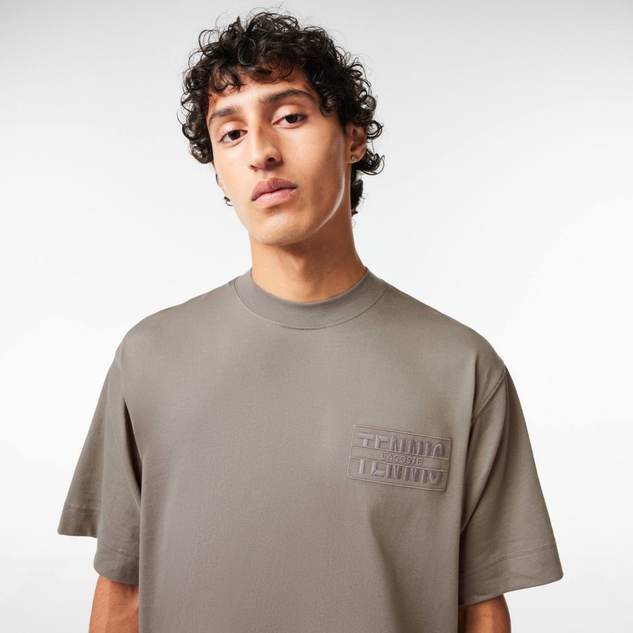 Men Lacoste T-Shirts | Embroidered Loose Fit Cotton T-Shirt Grey