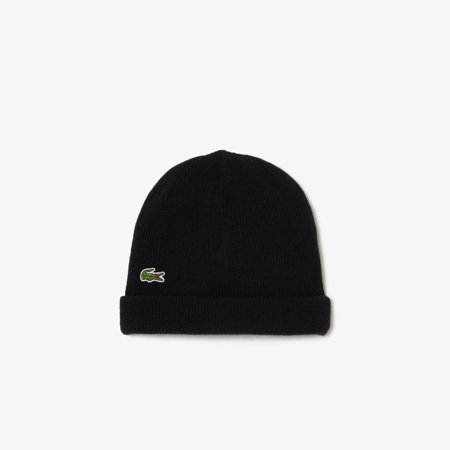 Women Lacoste Beanies | Unisex Lacoste Ribbed Wool Beanie Black 031