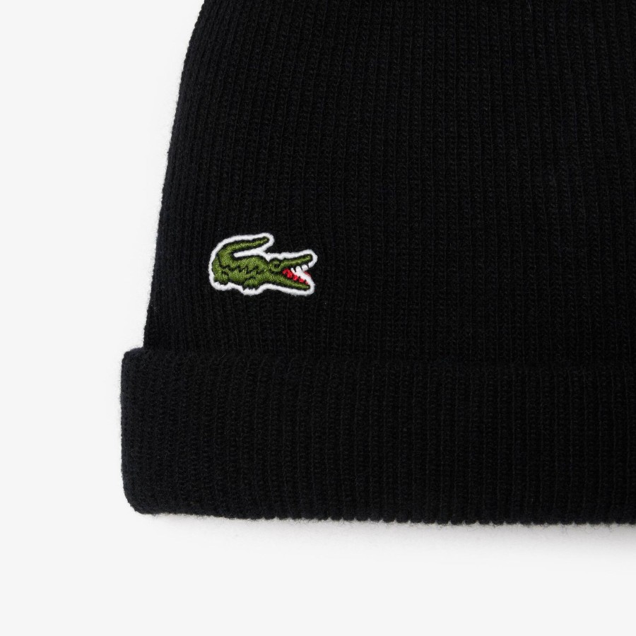 Women Lacoste Beanies | Unisex Lacoste Ribbed Wool Beanie Black 031