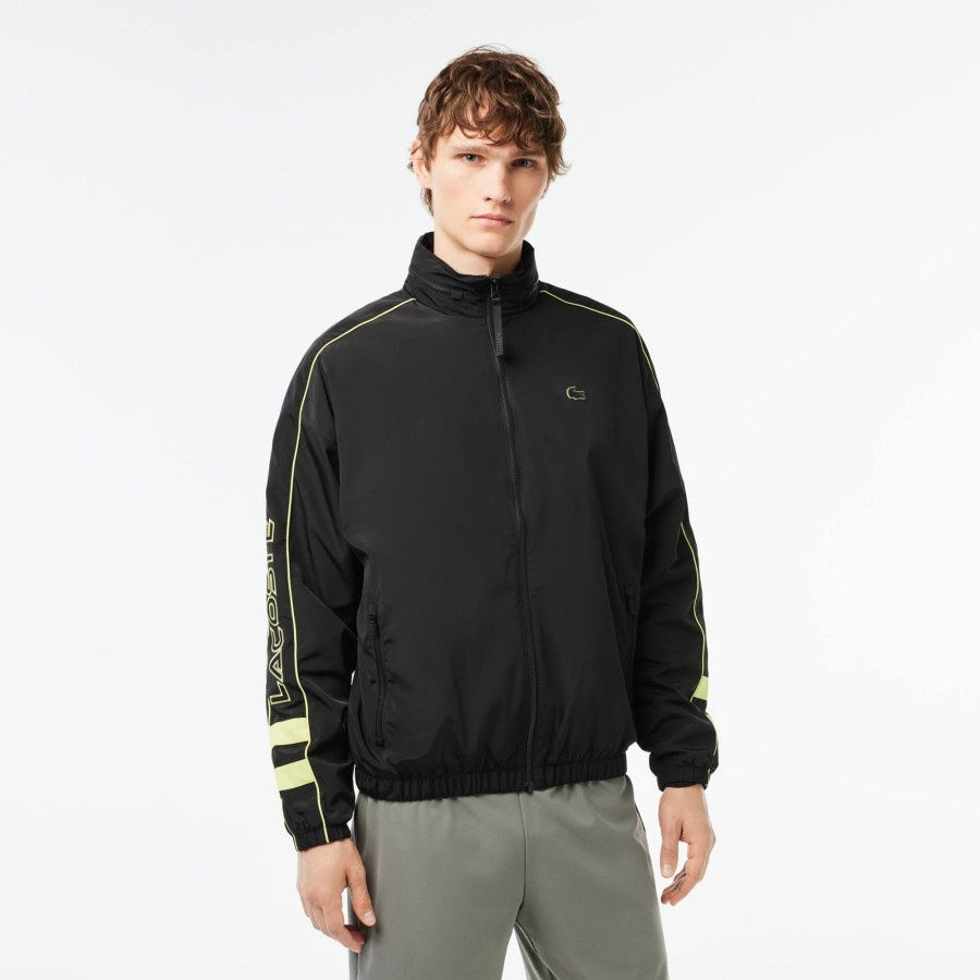 Men Lacoste Jackets & Coats | Contrast Detail Water Resistant Zipped Taffeta Sportsuit Jacket Black / Flashy Yellow