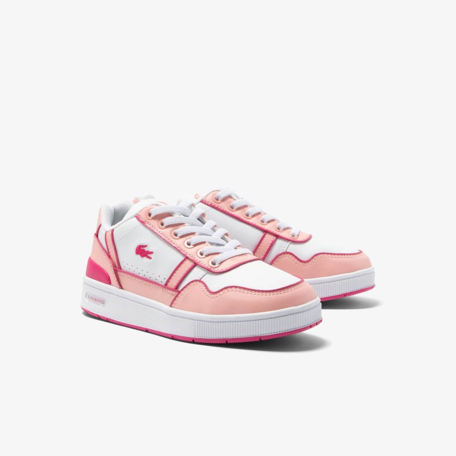 Kids Lacoste Shoes | Kids' Contrast Sole T-Clip Trainers White & Light Pink 1Y9