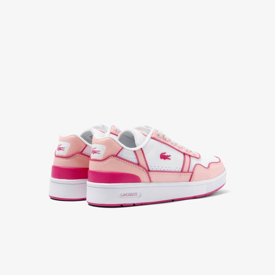 Kids Lacoste Shoes | Kids' Contrast Sole T-Clip Trainers White & Light Pink 1Y9