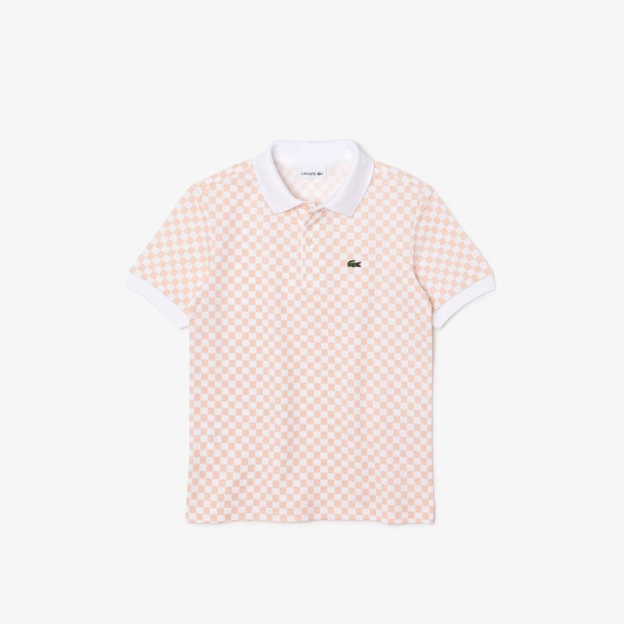 Kids Lacoste Boy Clothing | Boys' Lacoste Checkerboard Print Cotton Pique Polo Shirt Pink / White Nw5