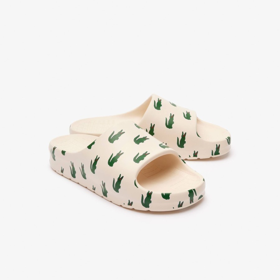 Women Lacoste Flip-Flops & Sandals | Women'S Serve Slide 2.0 Colour Pop Slides Off White & Dark Green 1Y5